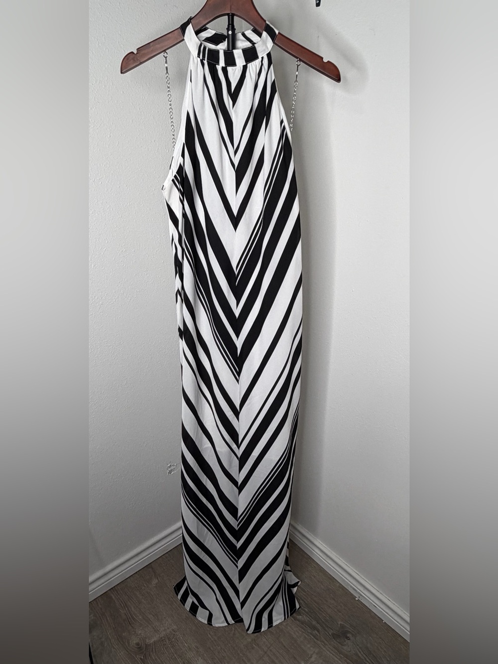 New York & Company Black and White Striped Halter Maxi Dress Size Large